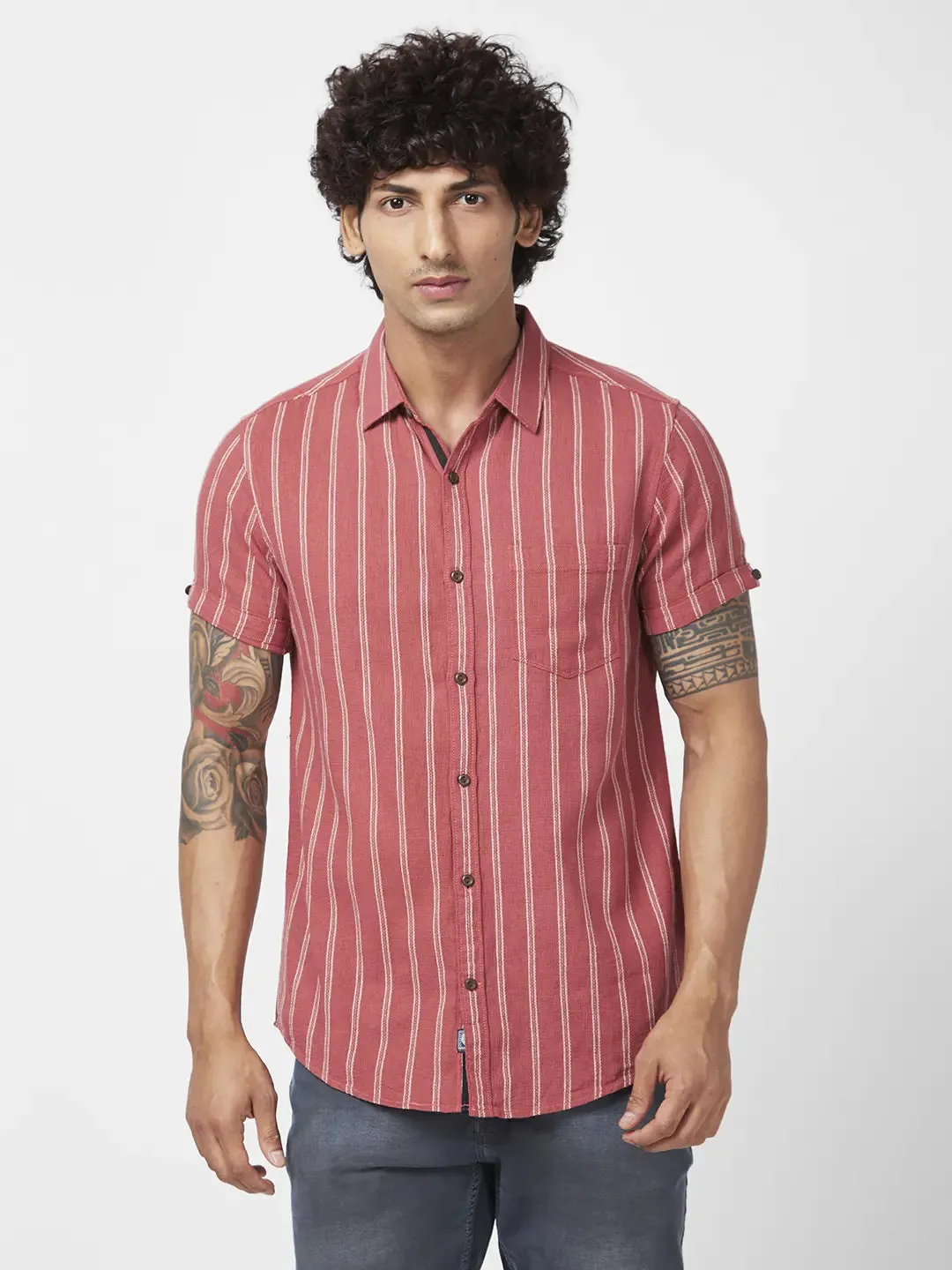 Spykar Men Brick Red Cotton Slim Fit Half Sleeve Casual Striped Shirt