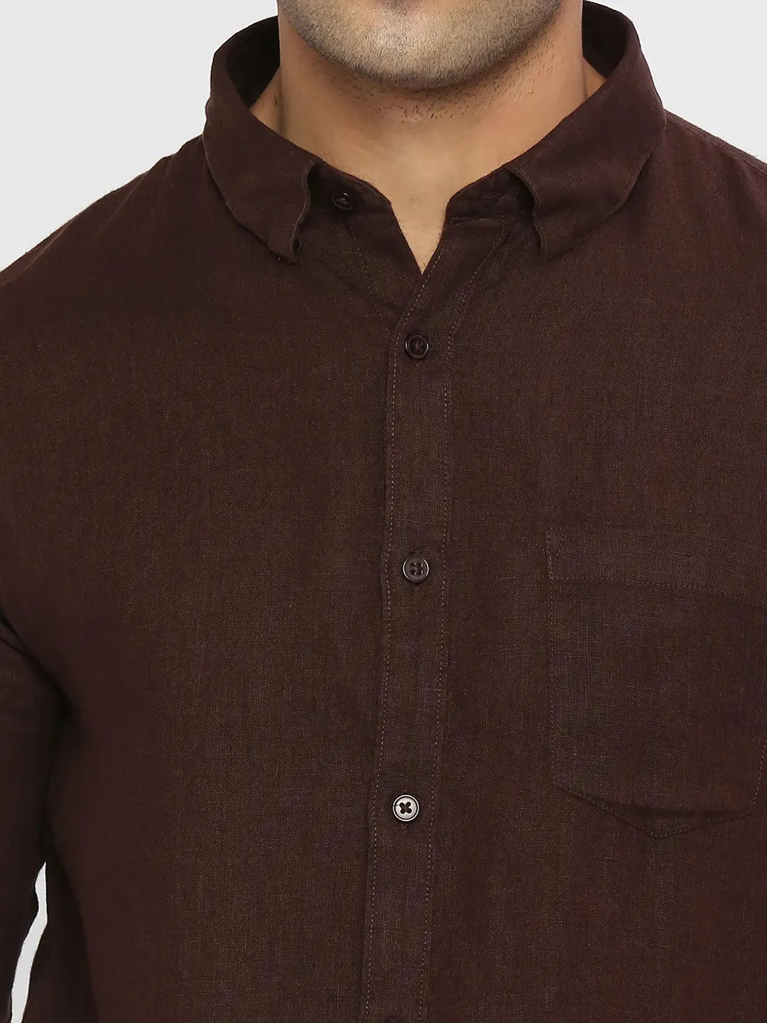 Spykar Men Coffee Brown Linen Slim Fit Full Sleeve Plain Shirt