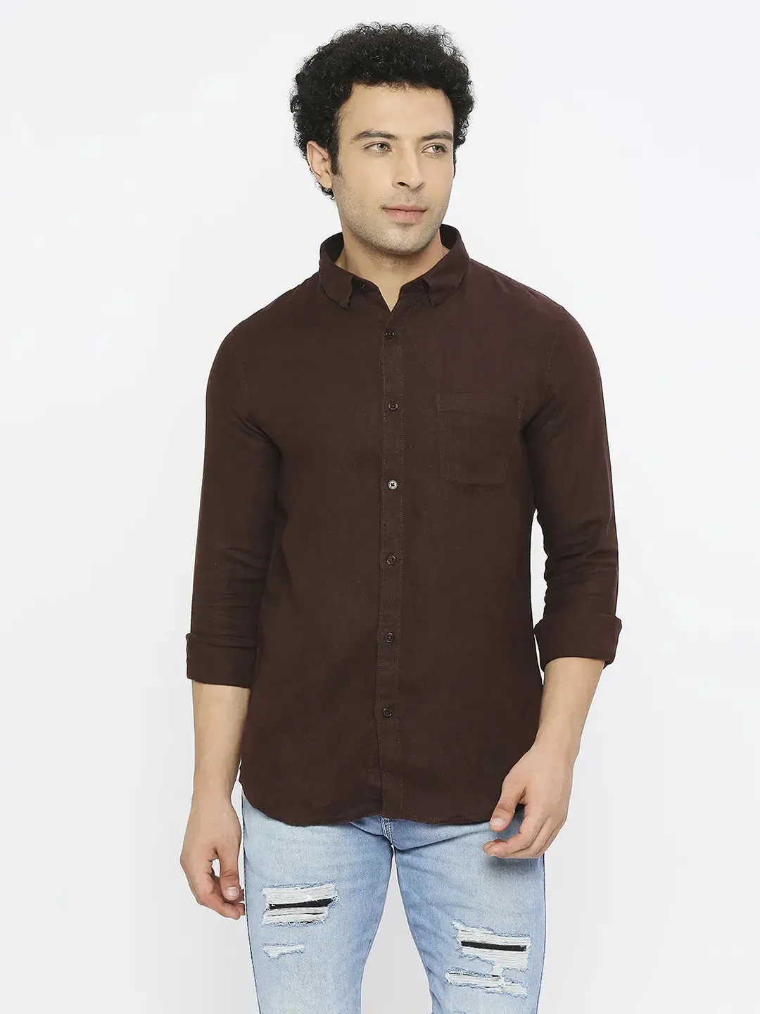 Spykar Men Coffee Brown Linen Slim Fit Full Sleeve Plain Shirt