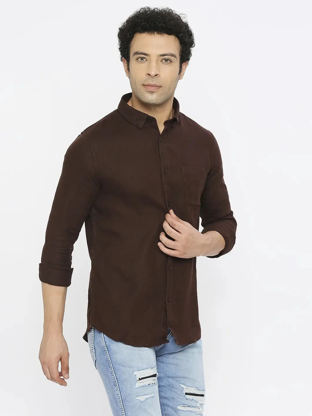 Spykar Men Coffee Brown Linen Slim Fit Full Sleeve Plain Shirt