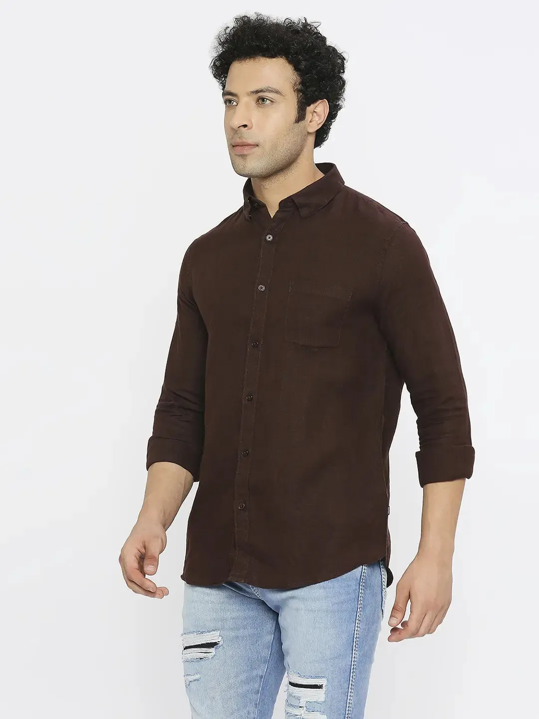 Spykar Men Coffee Brown Linen Slim Fit Full Sleeve Plain Shirt