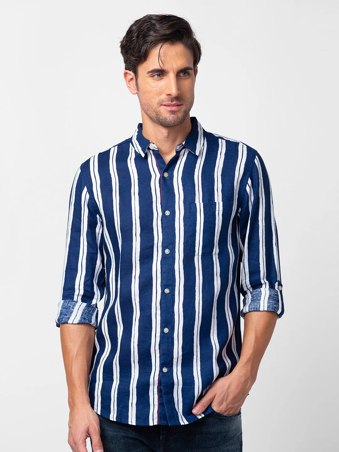 Spykar Men Navy Blue Cotton Slim Fit Striped Shirt