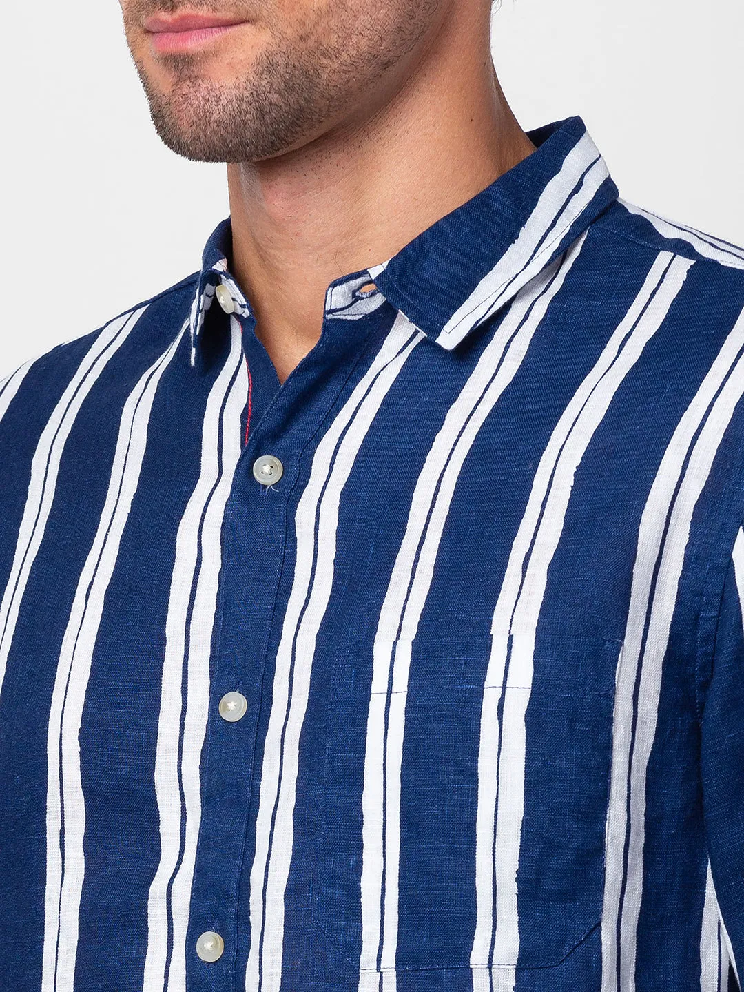 Spykar Men Navy Blue Cotton Slim Fit Striped Shirt