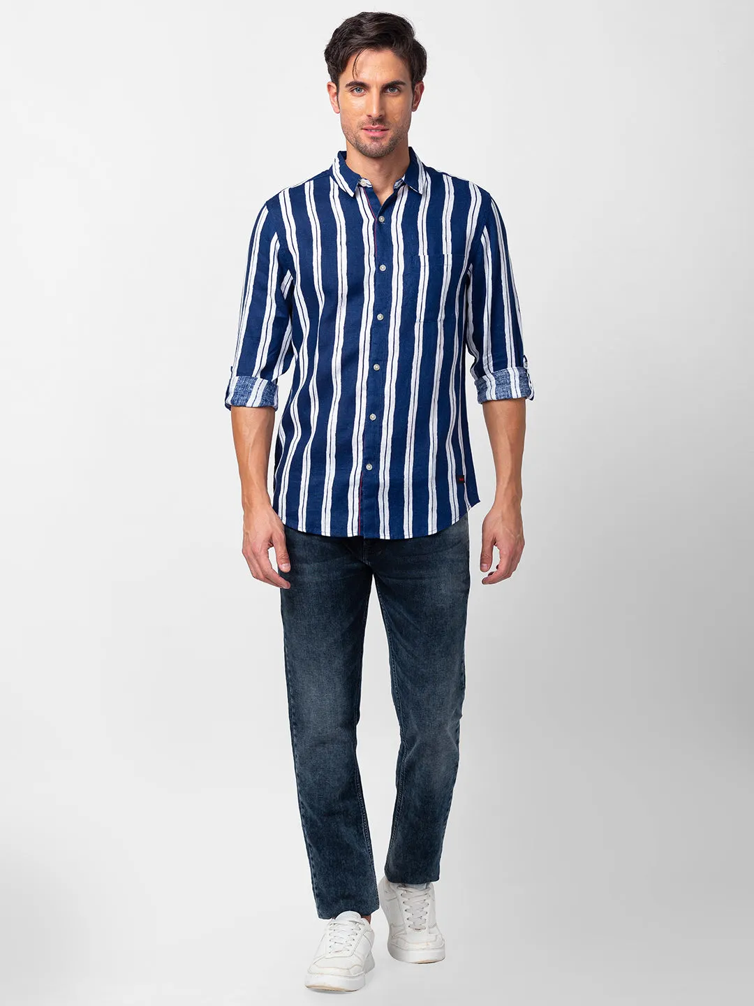 Spykar Men Navy Blue Cotton Slim Fit Striped Shirt