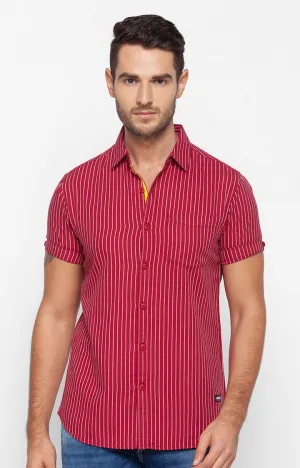 Spykar Men Red Cotton Slim Fit Half Sleeve Striped Shirt