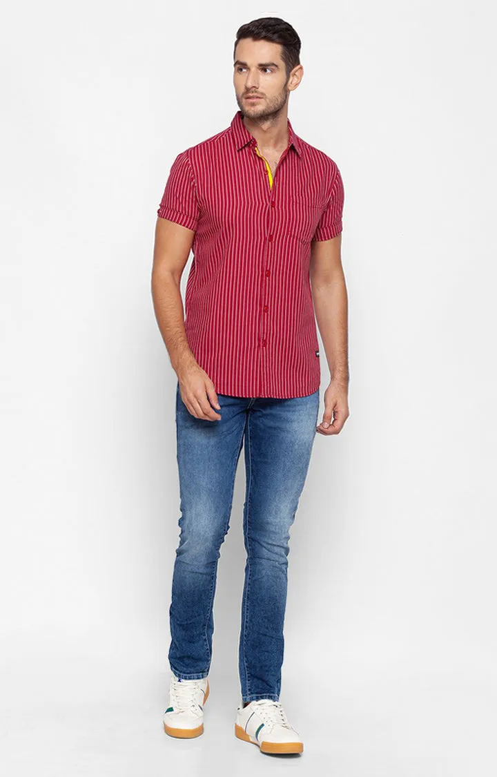 Spykar Men Red Cotton Slim Fit Half Sleeve Striped Shirt