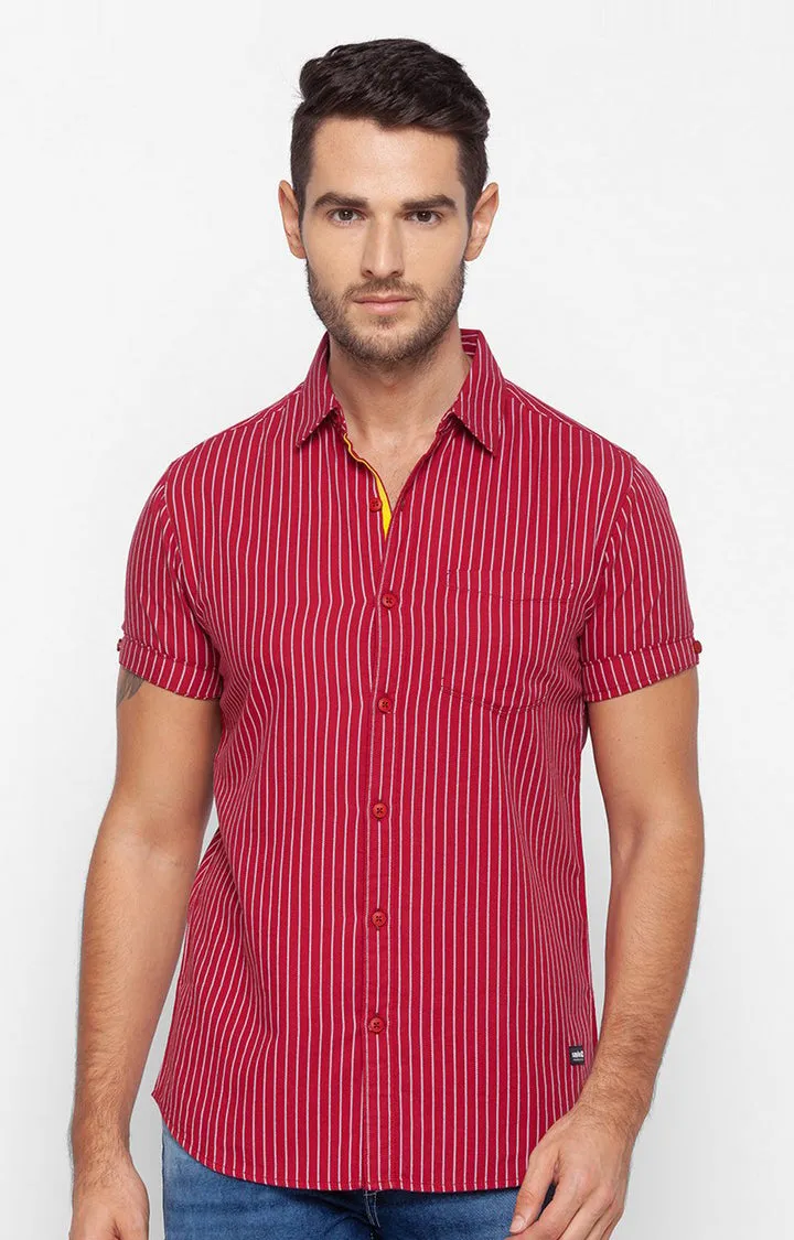 Spykar Men Red Cotton Slim Fit Half Sleeve Striped Shirt