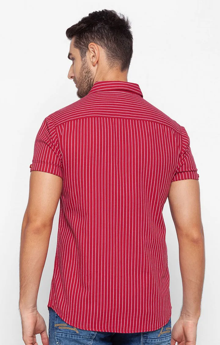 Spykar Men Red Cotton Slim Fit Half Sleeve Striped Shirt