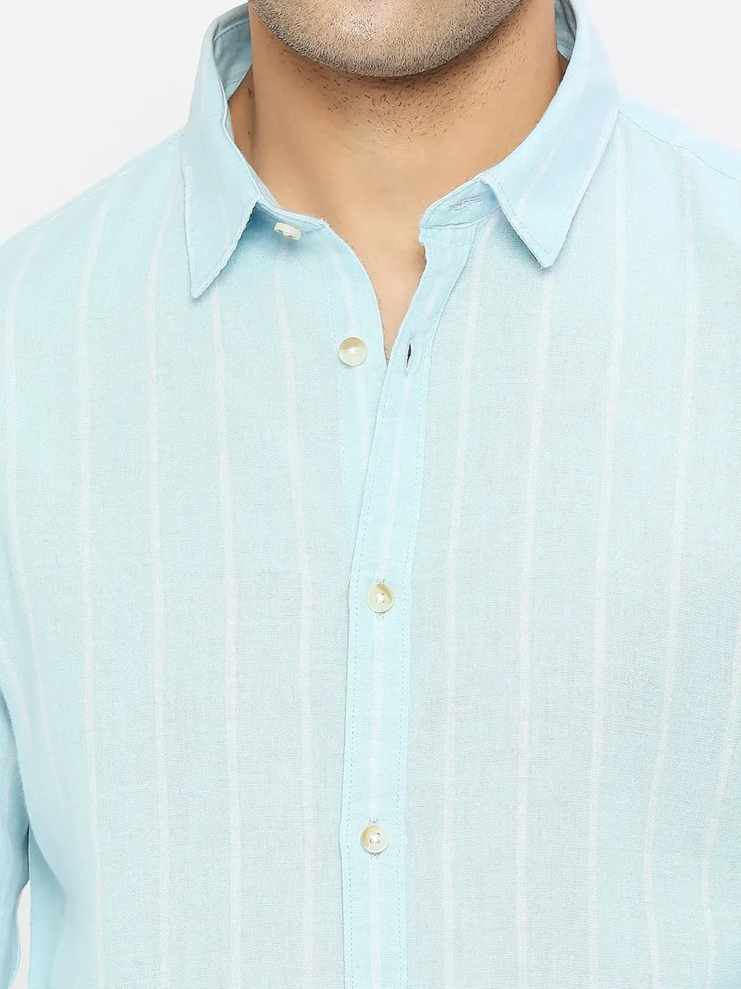 Spykar Men Sky Blue Cotton Linen Slim Fit Full Sleeve Striped Shirt