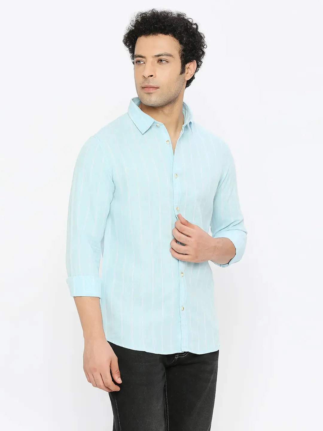 Spykar Men Sky Blue Cotton Linen Slim Fit Full Sleeve Striped Shirt