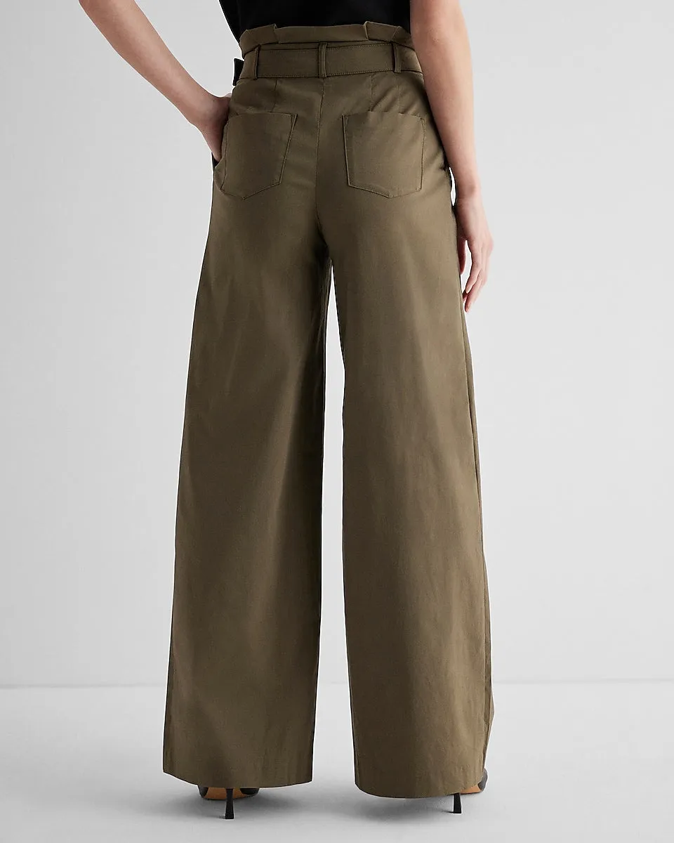 Super High Waisted Belted Paperbag Wide Leg Pant in Green Gold