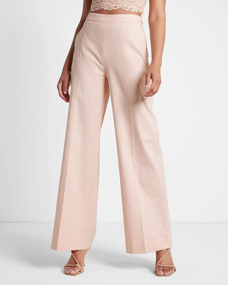 Super High Waisted Linen-Blend Wide Leg Trouser Pant in Pale Pink