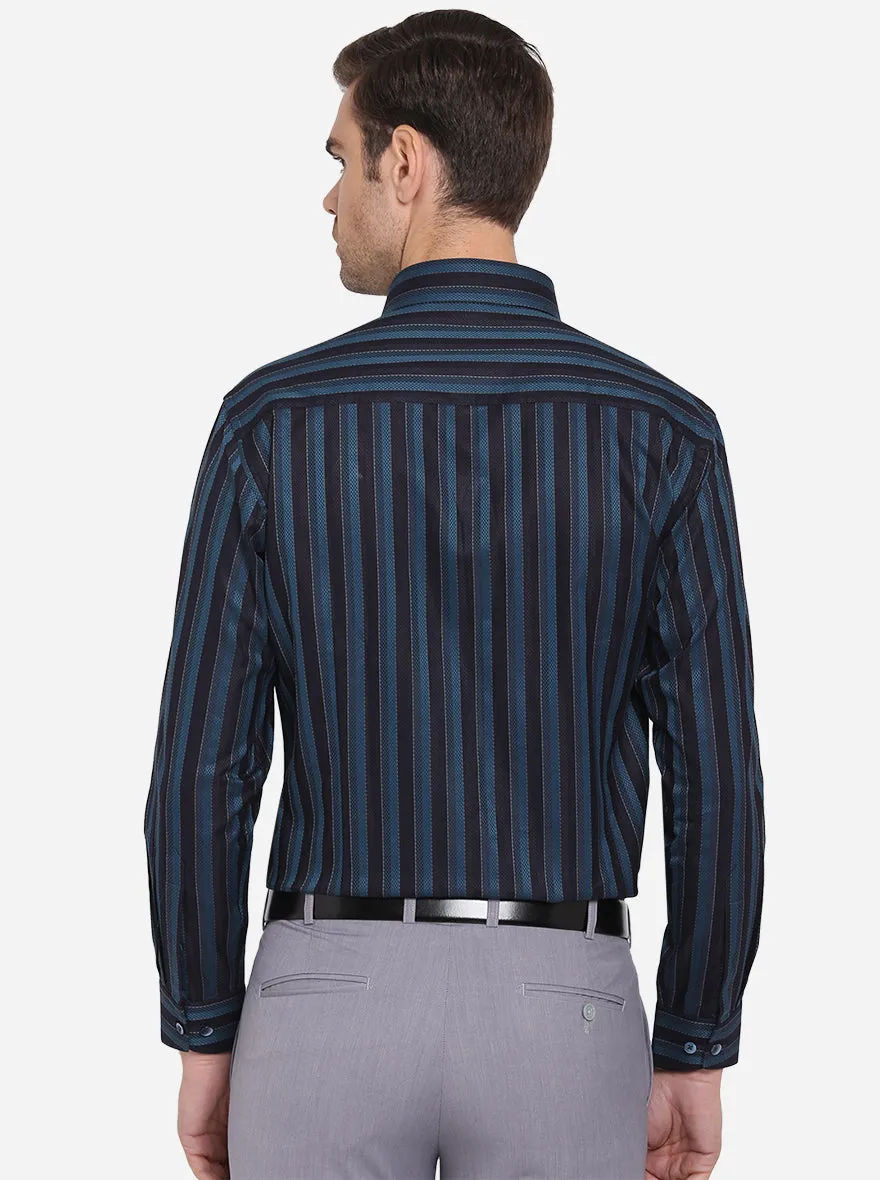 Teal Blue & Black Striped Slim Fit Formal Shirt | Metal