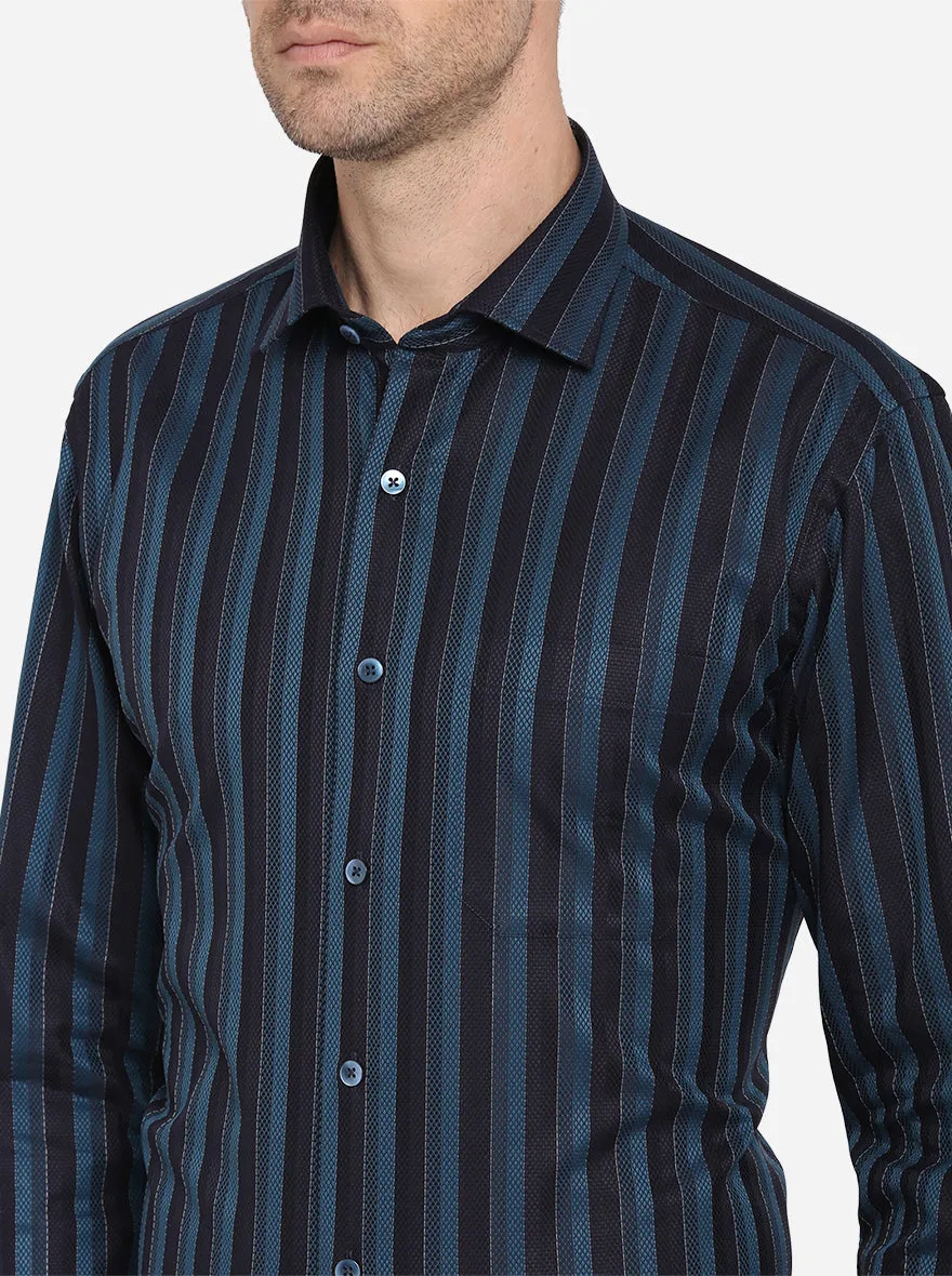 Teal Blue & Black Striped Slim Fit Formal Shirt | Metal