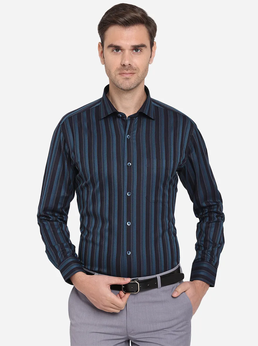 Teal Blue & Black Striped Slim Fit Formal Shirt | Metal