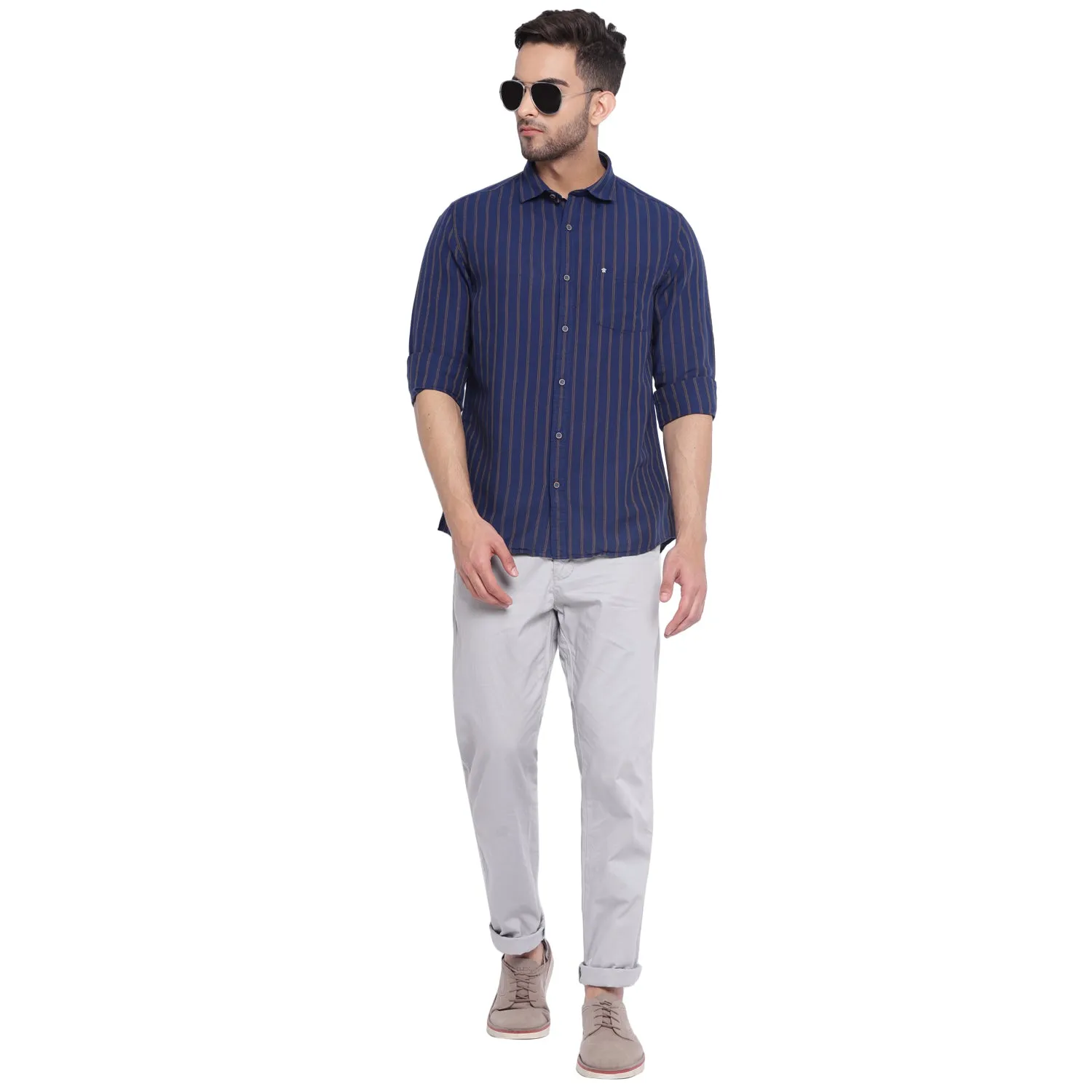 Turtle Men Navy Cotton Linen Striped Slim Fit Shirts