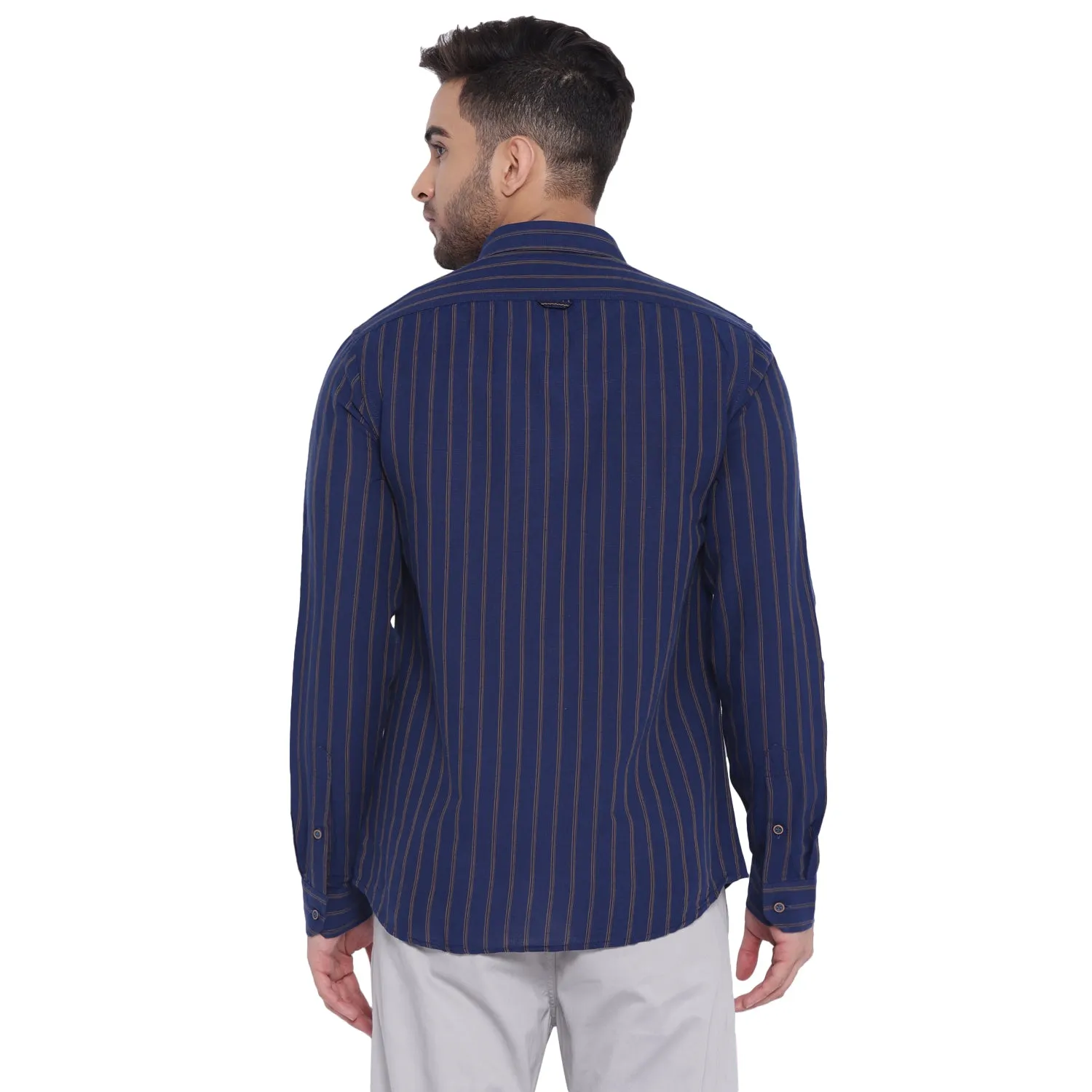 Turtle Men Navy Cotton Linen Striped Slim Fit Shirts