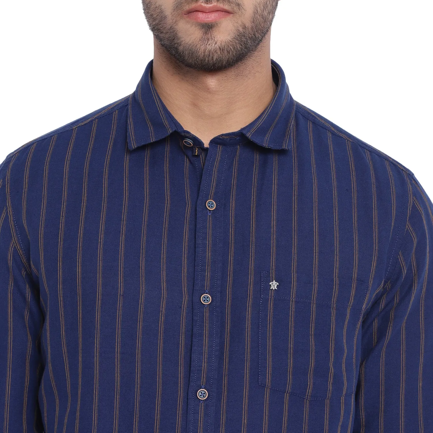 Turtle Men Navy Cotton Linen Striped Slim Fit Shirts