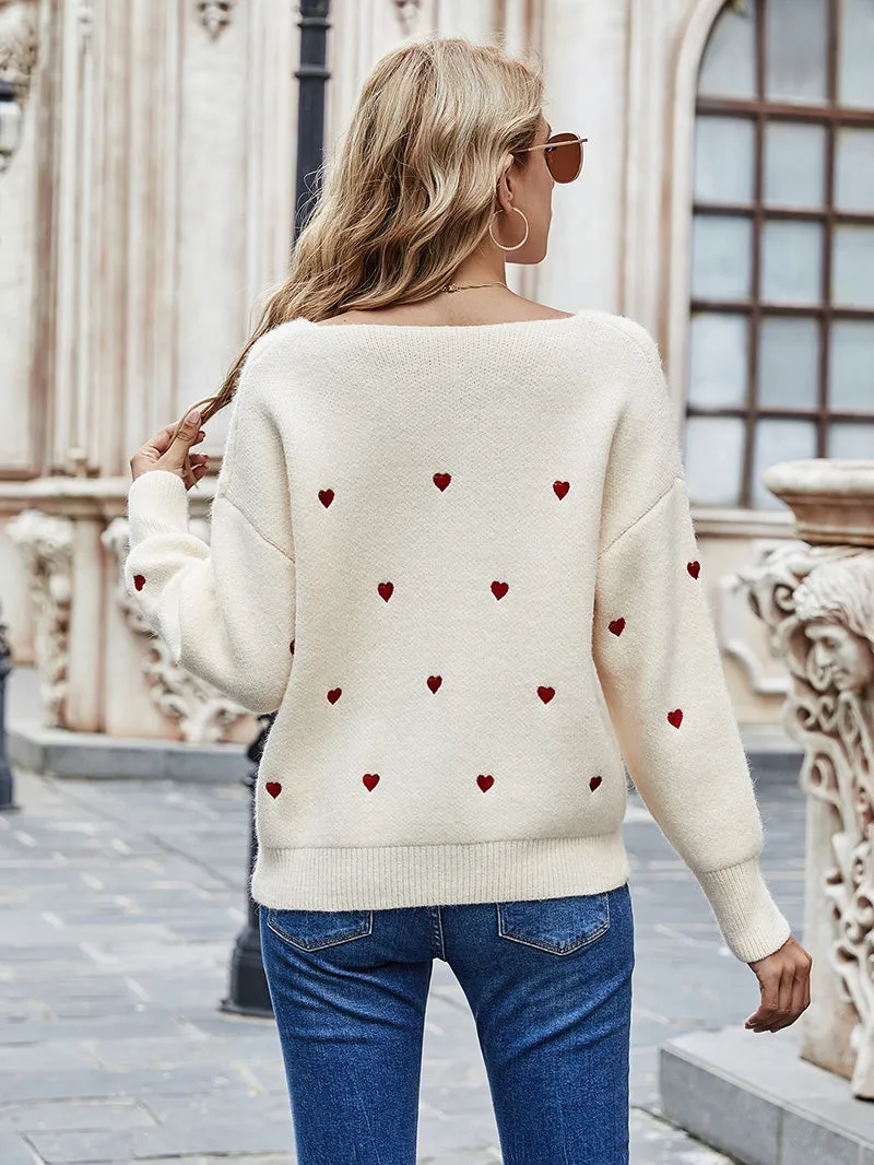 V Neck Embroidery Heart Sweater Women Pullover Knitwear