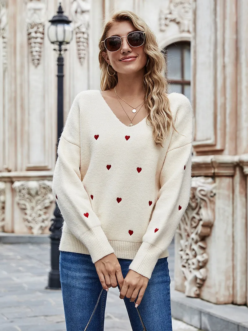 V Neck Embroidery Heart Sweater Women Pullover Knitwear