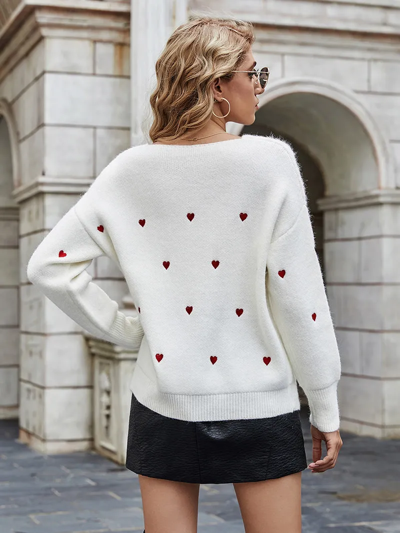 V Neck Embroidery Heart Sweater Women Pullover Knitwear