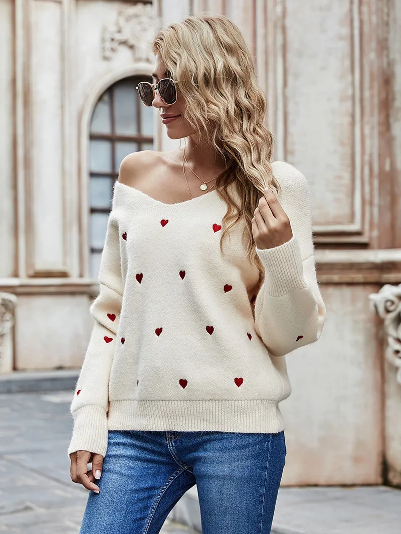 V Neck Embroidery Heart Sweater Women Pullover Knitwear