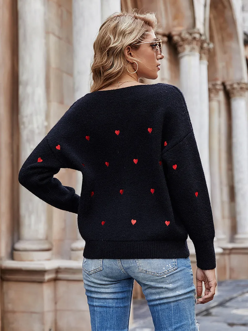 V Neck Embroidery Heart Sweater Women Pullover Knitwear