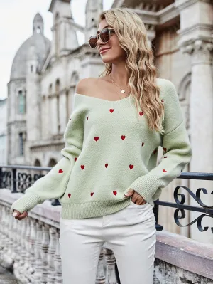 V Neck Embroidery Heart Sweater Women Pullover Knitwear