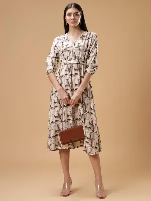 V-Neck Ethnic Printed A-Line Midi Dress