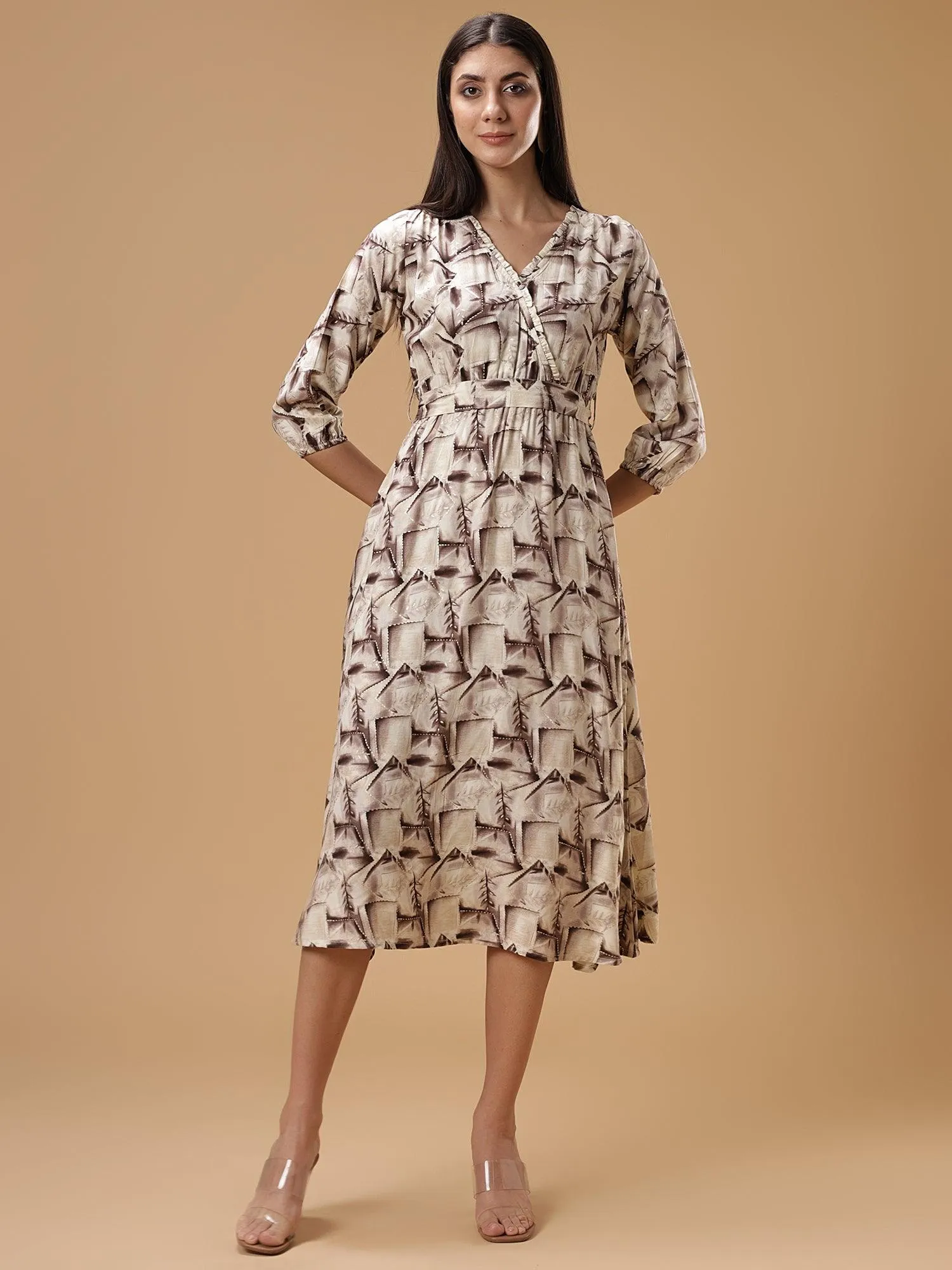 V-Neck Ethnic Printed A-Line Midi Dress