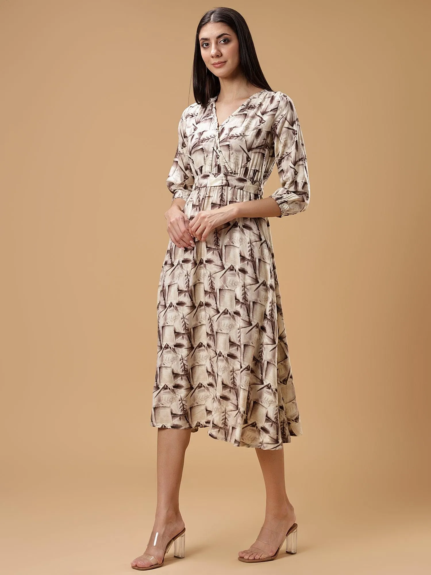 V-Neck Ethnic Printed A-Line Midi Dress