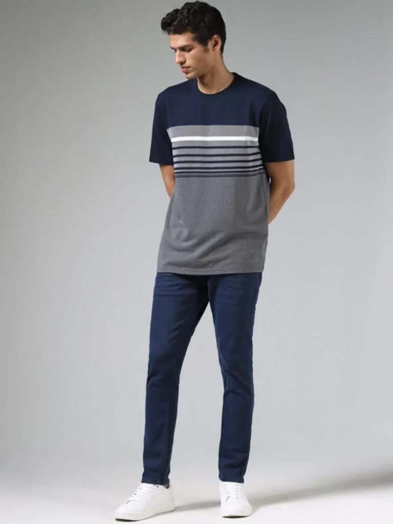 WES Casuals Navy Blue Striped Textured Cotton Relaxed-Fit T-Shirt