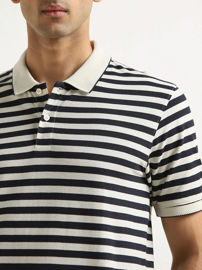 WES Casuals Navy Striped Relaxed-Fit Polo T-Shirt