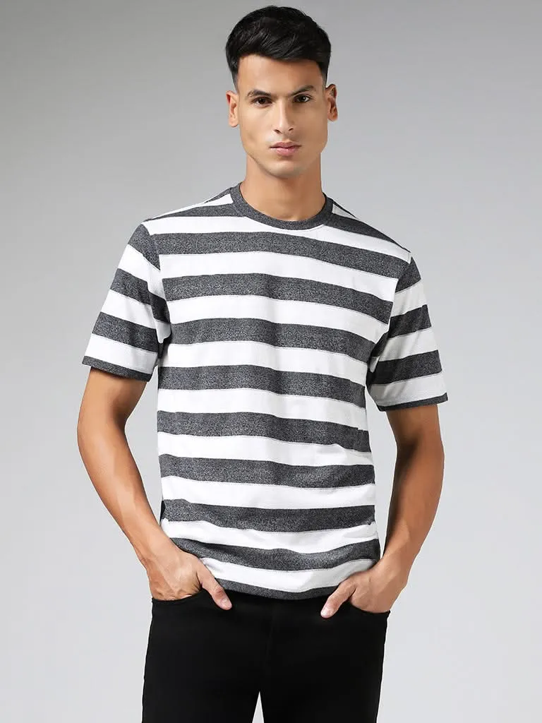 WES Lounge White Striped Cotton Blend Relaxed-Fit T-Shirt