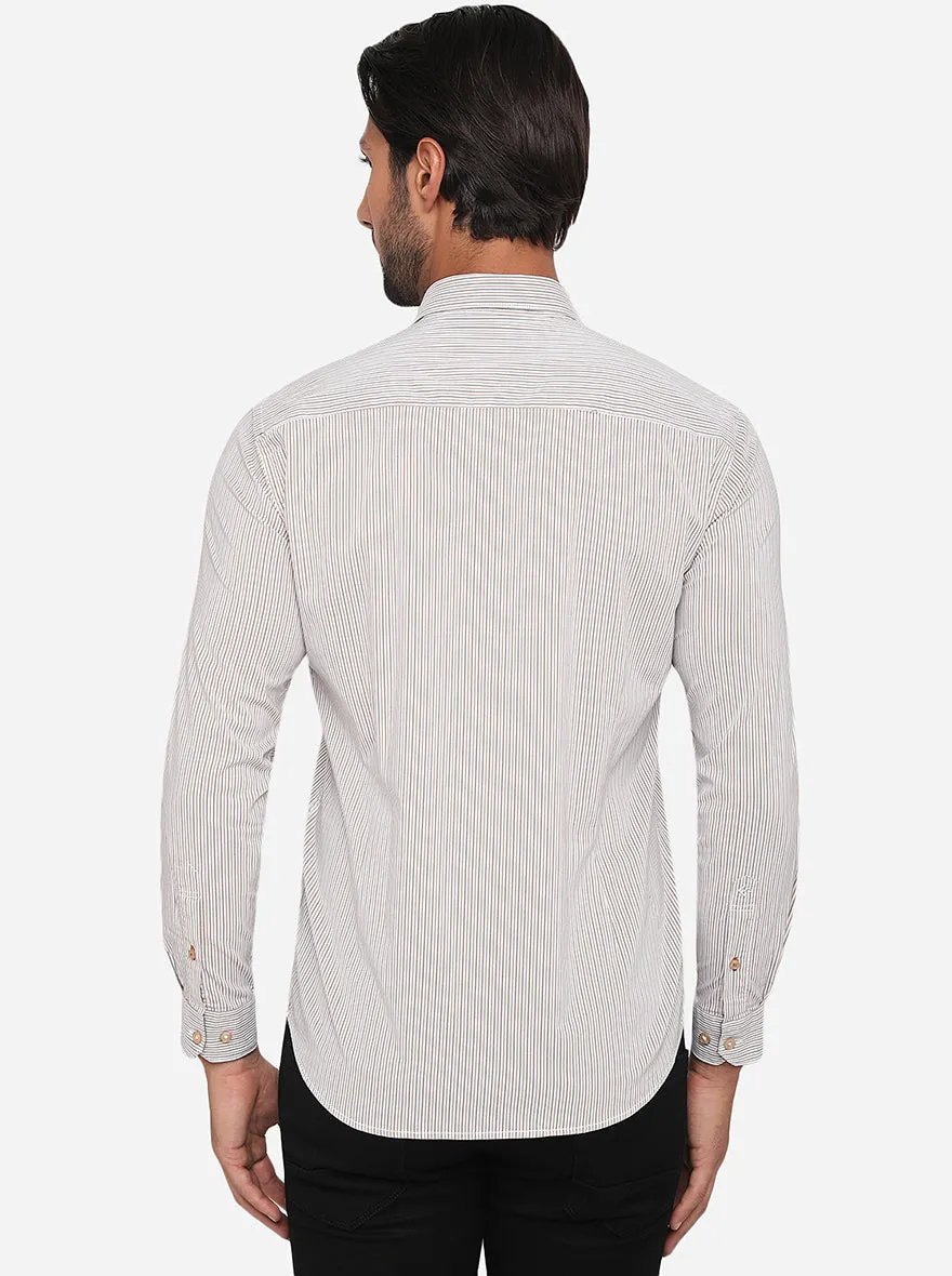 White & Brown Striped Slim Fit Semi Casual Shirt | Greenfibre