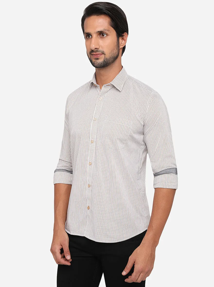 White & Brown Striped Slim Fit Semi Casual Shirt | Greenfibre