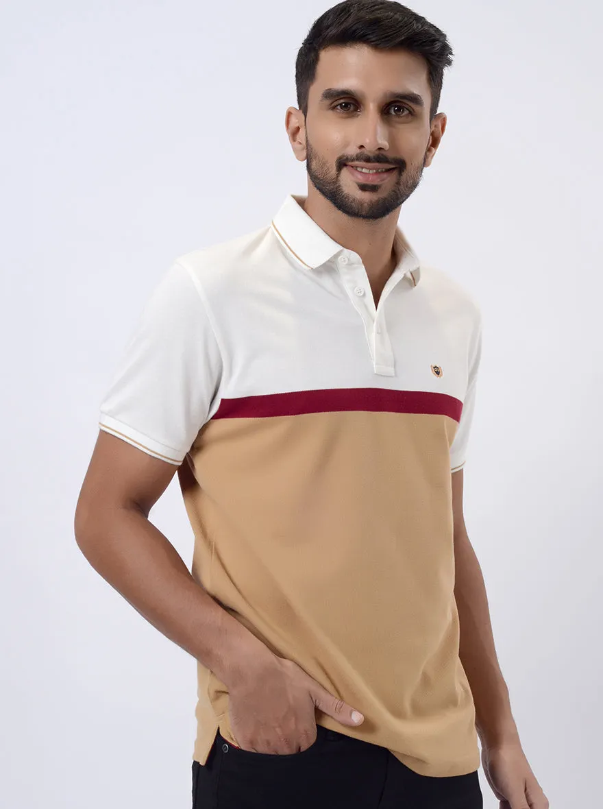 White & Cream Striped Slim Fit Polo T-Shirt | JadeBlue