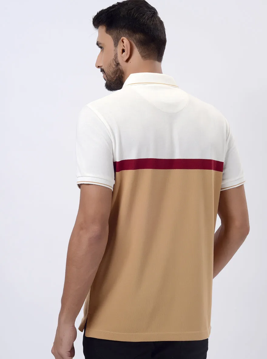 White & Cream Striped Slim Fit Polo T-Shirt | JadeBlue