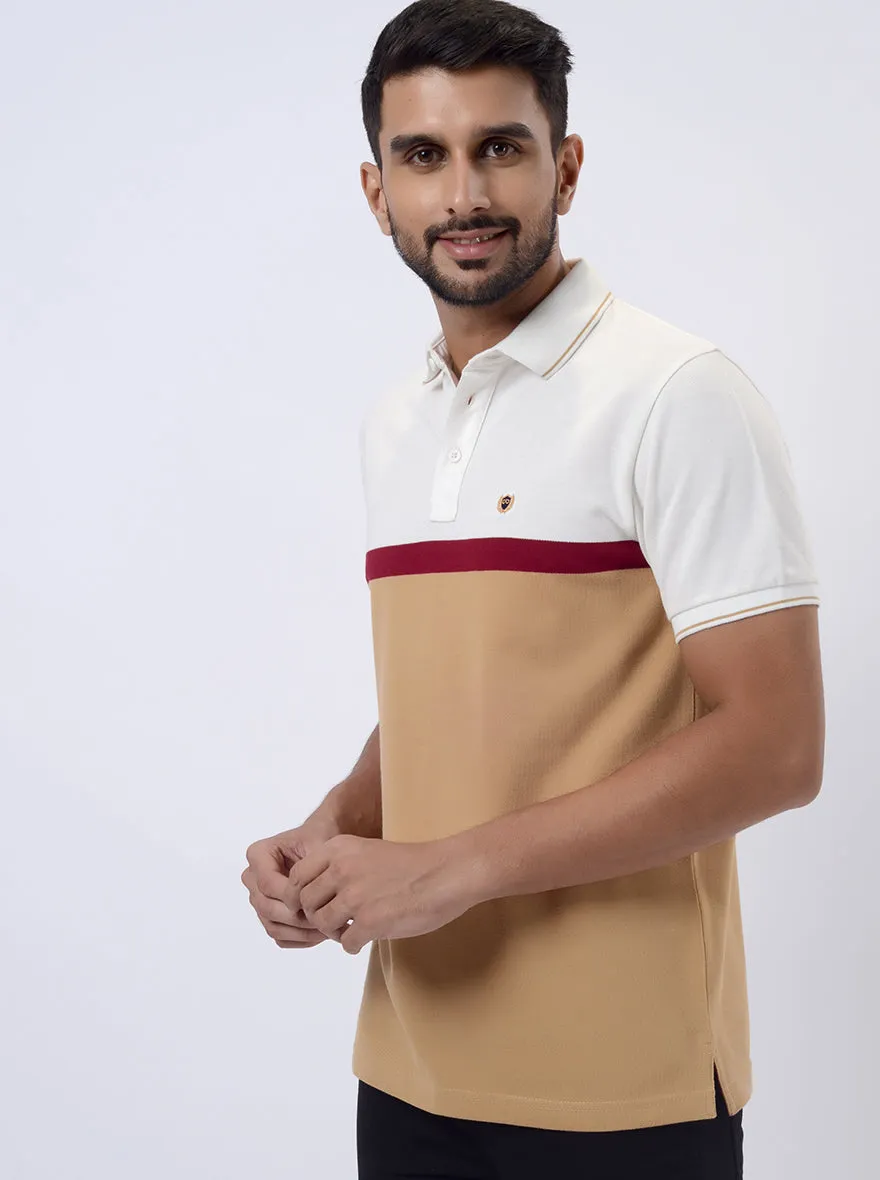 White & Cream Striped Slim Fit Polo T-Shirt | JadeBlue