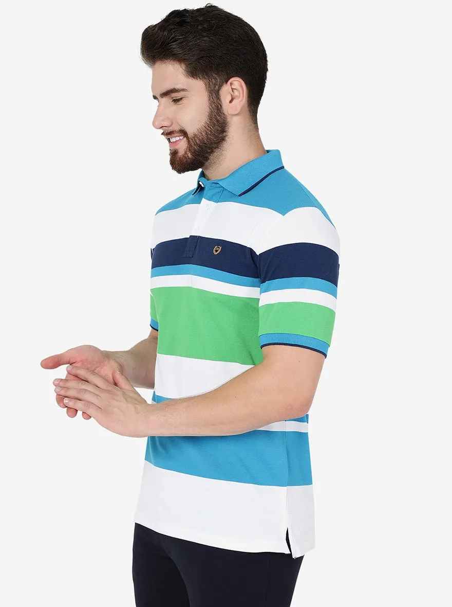 White & Green Striped Slim Fit Polo T-Shirt | JadeBlue