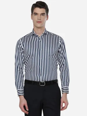 White & Navy Blue Striped Slim Fit Formal Shirt | Metal