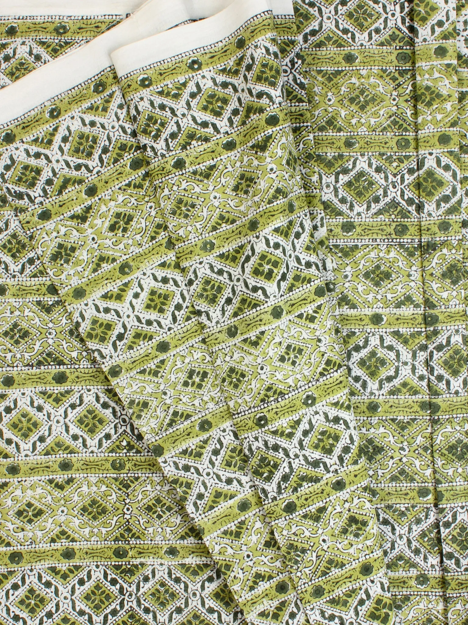 White Green Hand Block Printed Cotton Fabric Per Meter - F001F2266