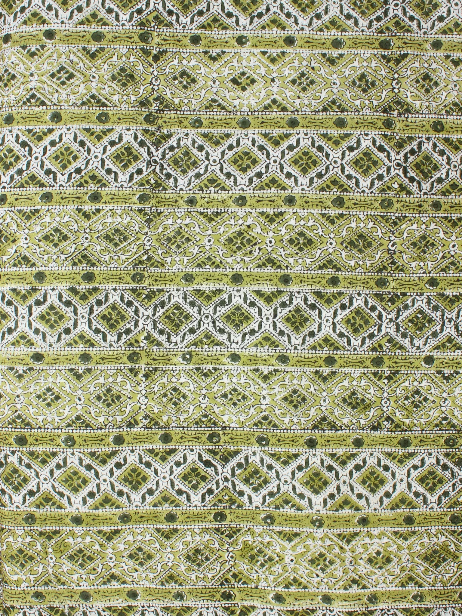 White Green Hand Block Printed Cotton Fabric Per Meter - F001F2266