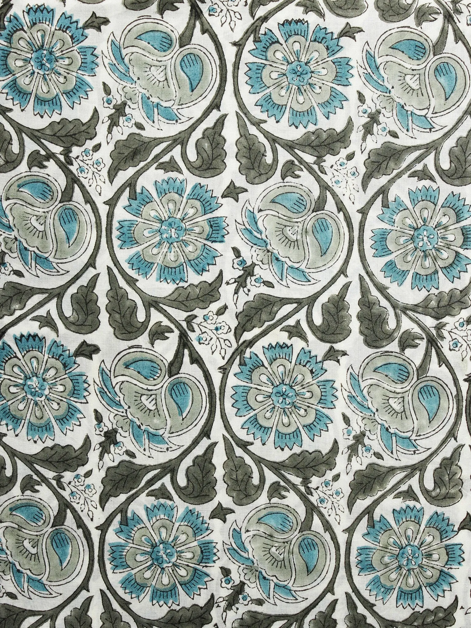 White Teal Blue Grey Hand Printed Cotton Fabric Per Meter - F001F1089