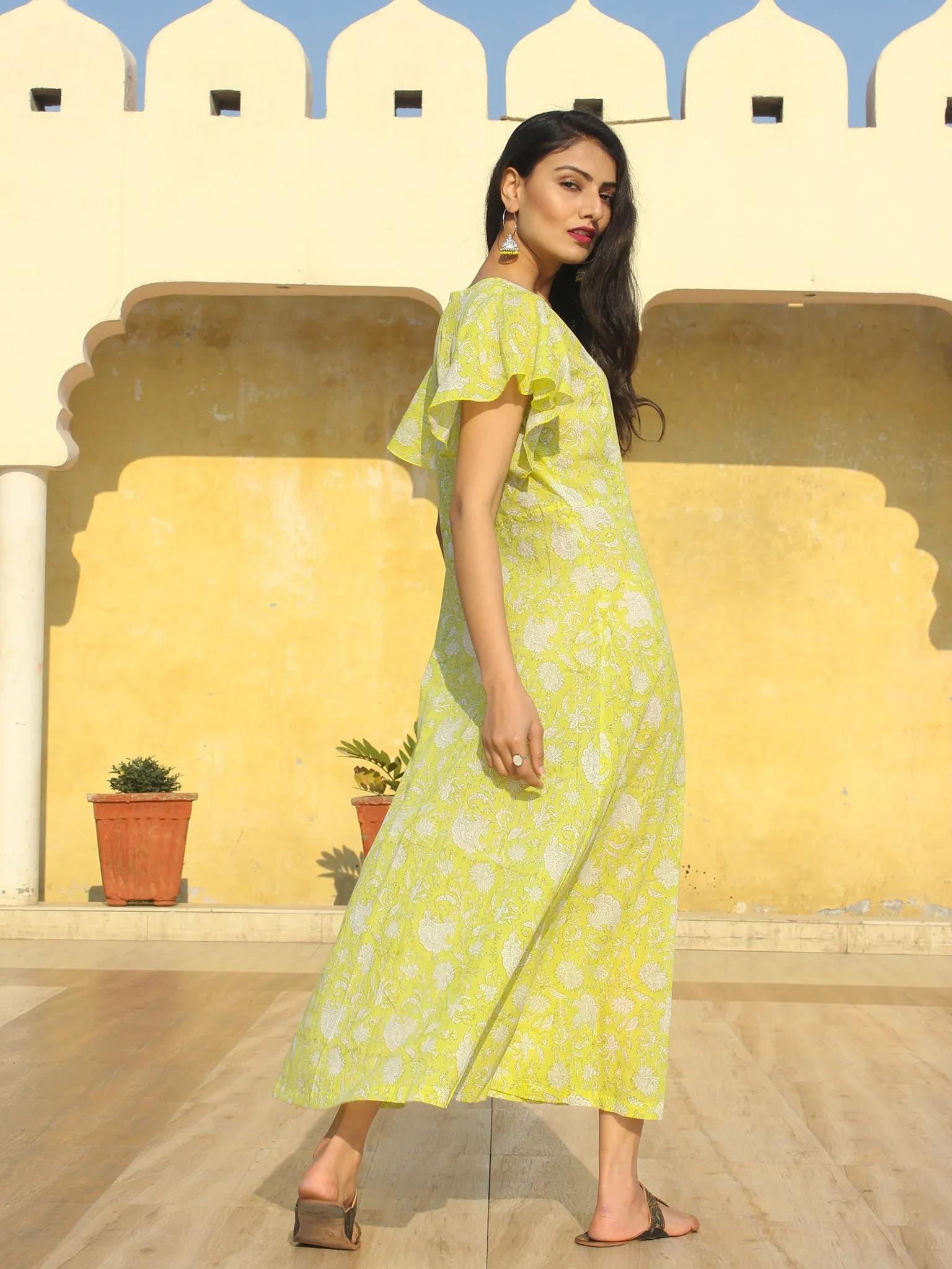 Wirda - Lemon Green Hand Block Printed Cotton Angrakha Dress With Ruffle Sleeves - D273F2127