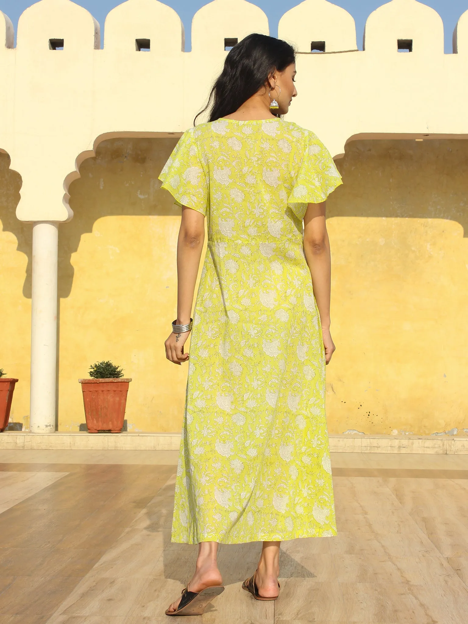 Wirda - Lemon Green Hand Block Printed Cotton Angrakha Dress With Ruffle Sleeves - D273F2127