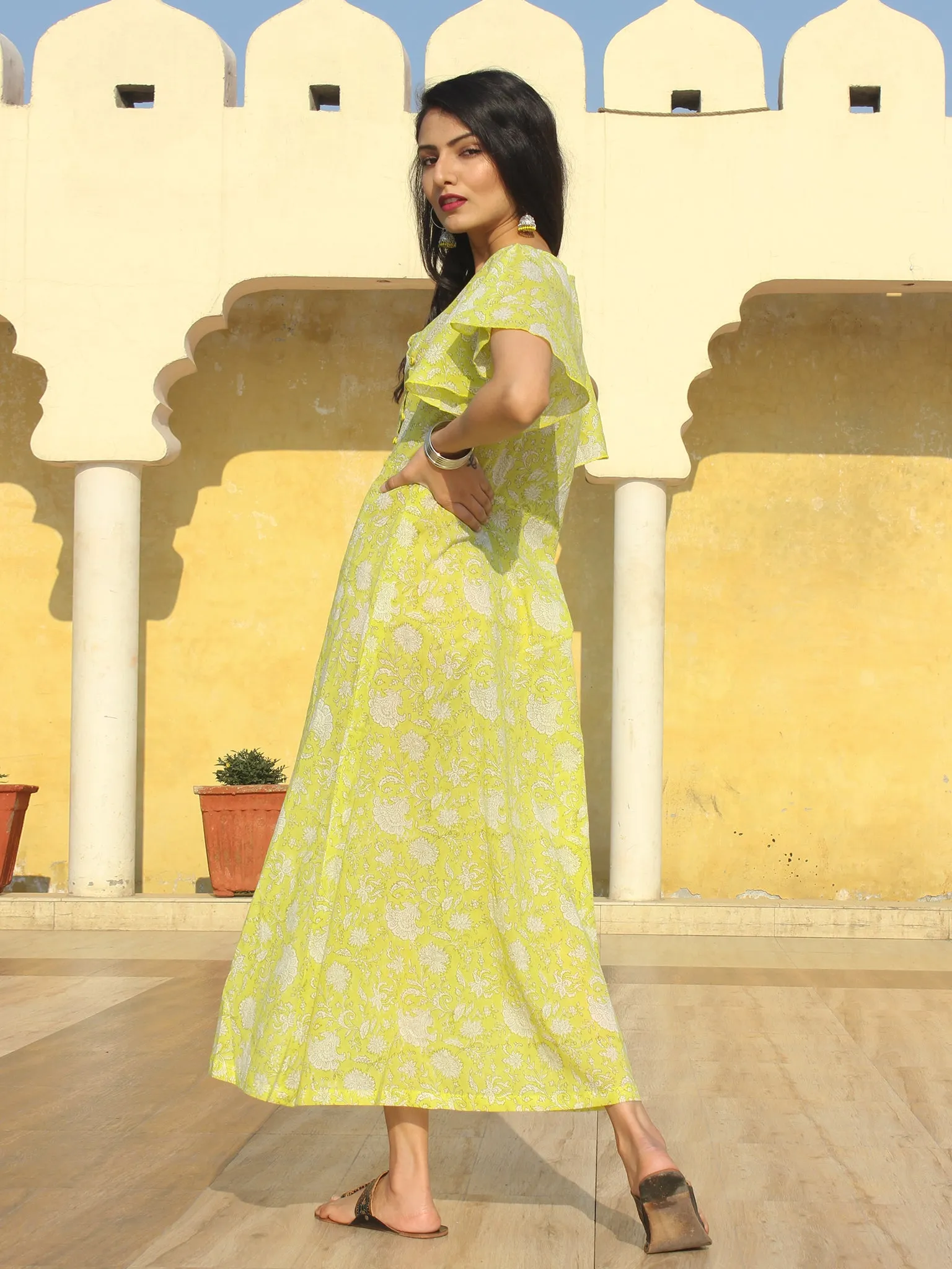 Wirda - Lemon Green Hand Block Printed Cotton Angrakha Dress With Ruffle Sleeves - D273F2127