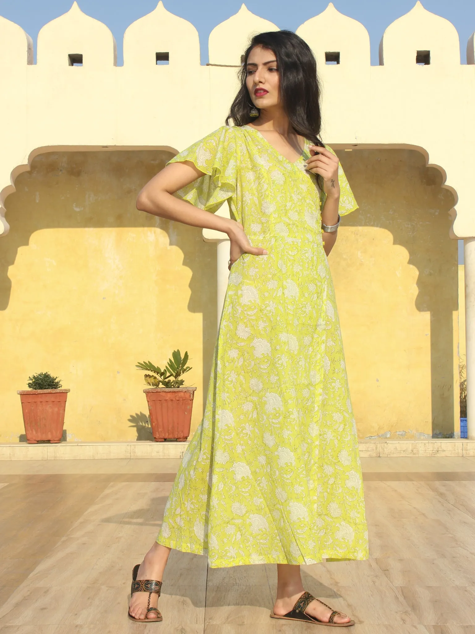 Wirda - Lemon Green Hand Block Printed Cotton Angrakha Dress With Ruffle Sleeves - D273F2127