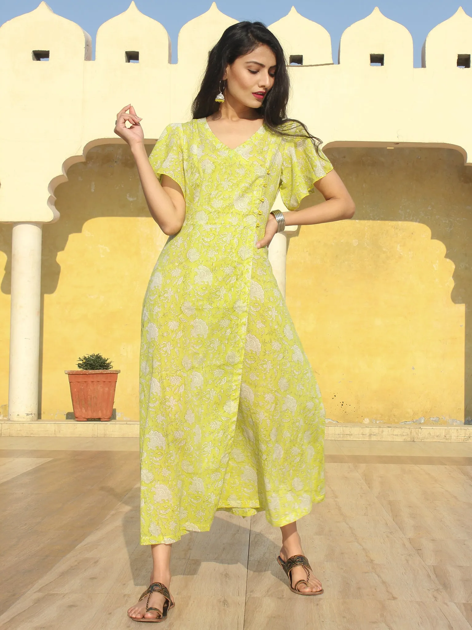 Wirda - Lemon Green Hand Block Printed Cotton Angrakha Dress With Ruffle Sleeves - D273F2127