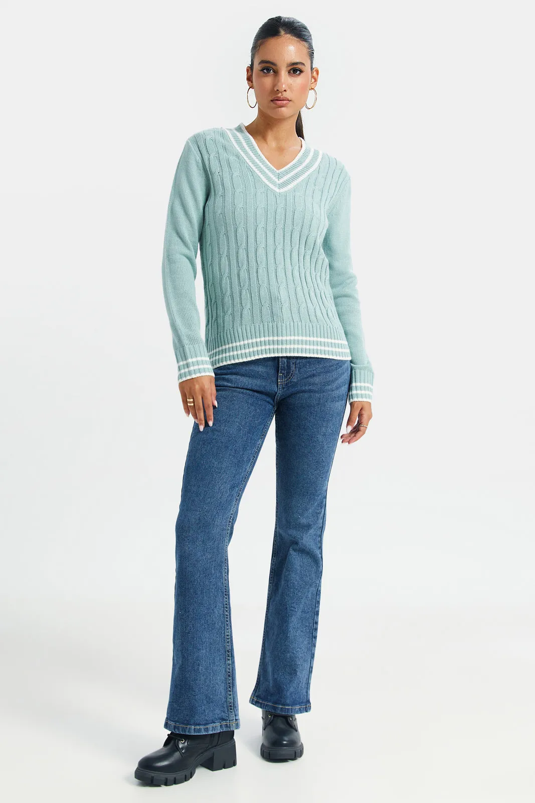 Women Mint And White Stripe Cable Knit Sweater